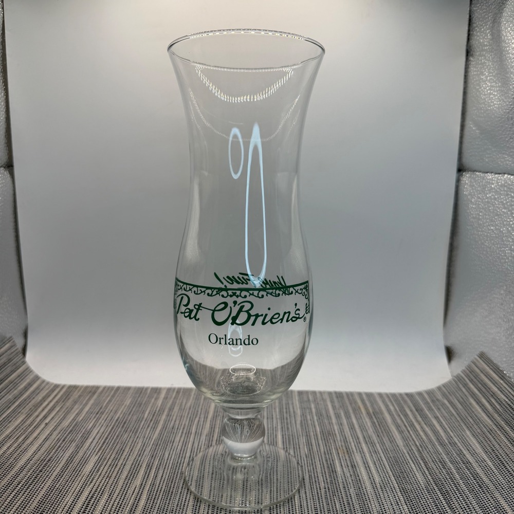 Pat O'Briens Orlando Hurricane Glass 10 Inch‎ Clear Green Logo Souvenir Barware